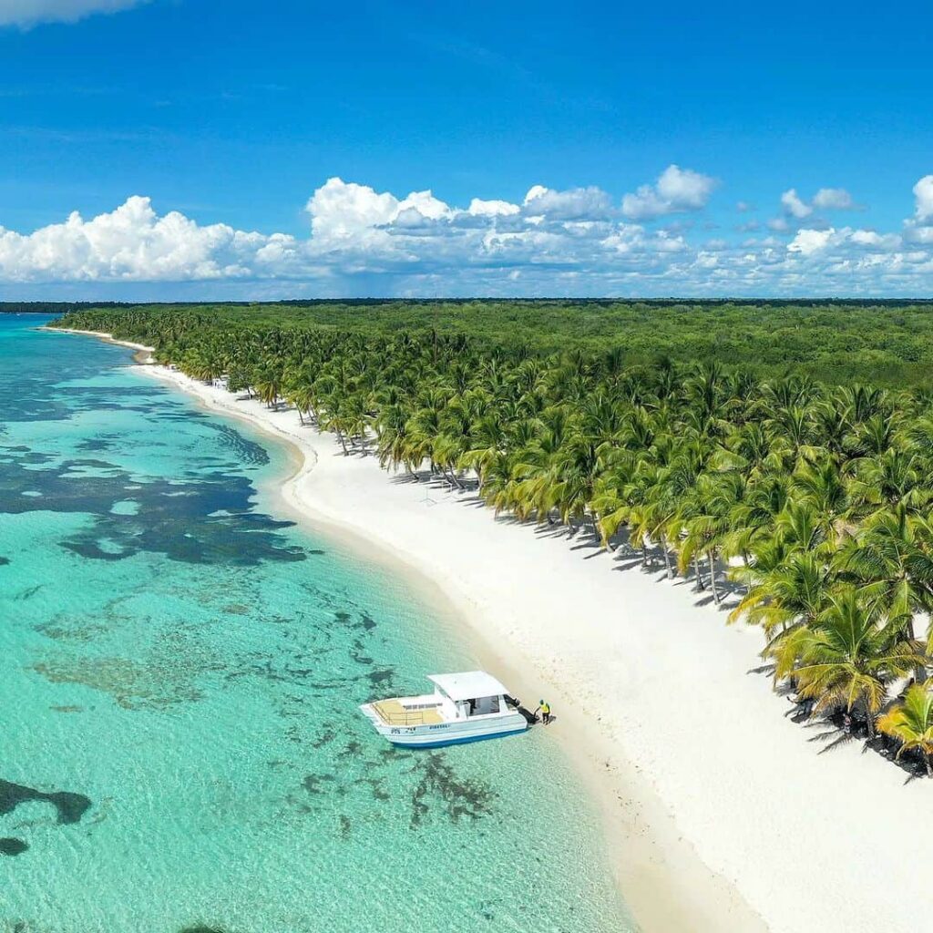 Vista aérea de la playa de arena blanca de Isla Saona con palmeras y un bote turístico